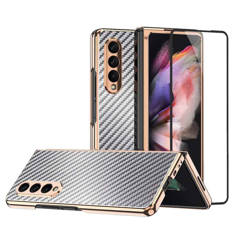 Vacuum Plating Frame Carbon Fiber Texture PU Leather Coated PC Case with Screen Film for Samsung Galaxy Z Fold3 5G - Grey - 1