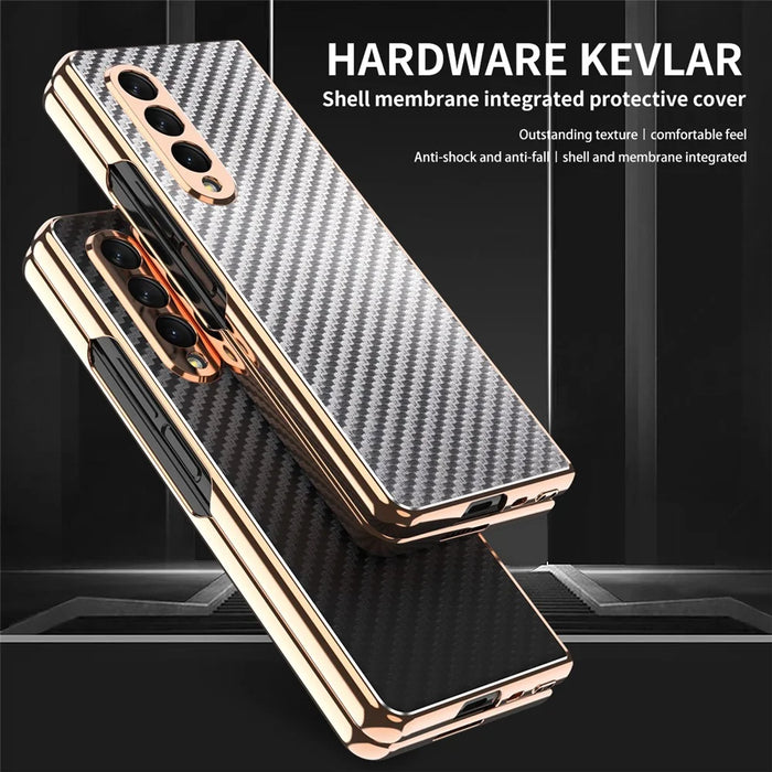 Vacuum Plating Frame Carbon Fiber Texture PU Leather Coated PC Case with Screen Film for Samsung Galaxy Z Fold3 5G - Grey - 3