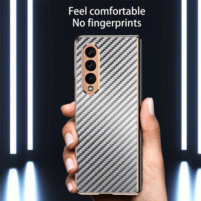 Vacuum Plating Frame Carbon Fiber Texture PU Leather Coated PC Case with Screen Film for Samsung Galaxy Z Fold3 5G - Grey - 6