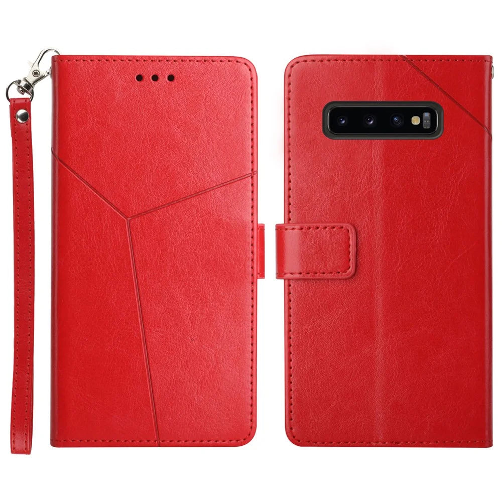 Imprinted Y-shaped Line Stand Wallet PU Leather Cover Inner TPU Phone Case with Wrist Strap for Samsung Galaxy S10 Plus - Red - 1