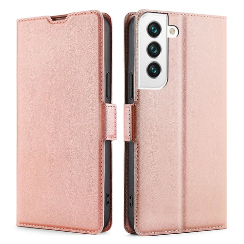 360 Degree Protection Side Magnetic Closure Ultra-thin Leather Phone Card Slot Stand Cover Case for Samsung Galaxy S22 5G - Rose Gold - 1