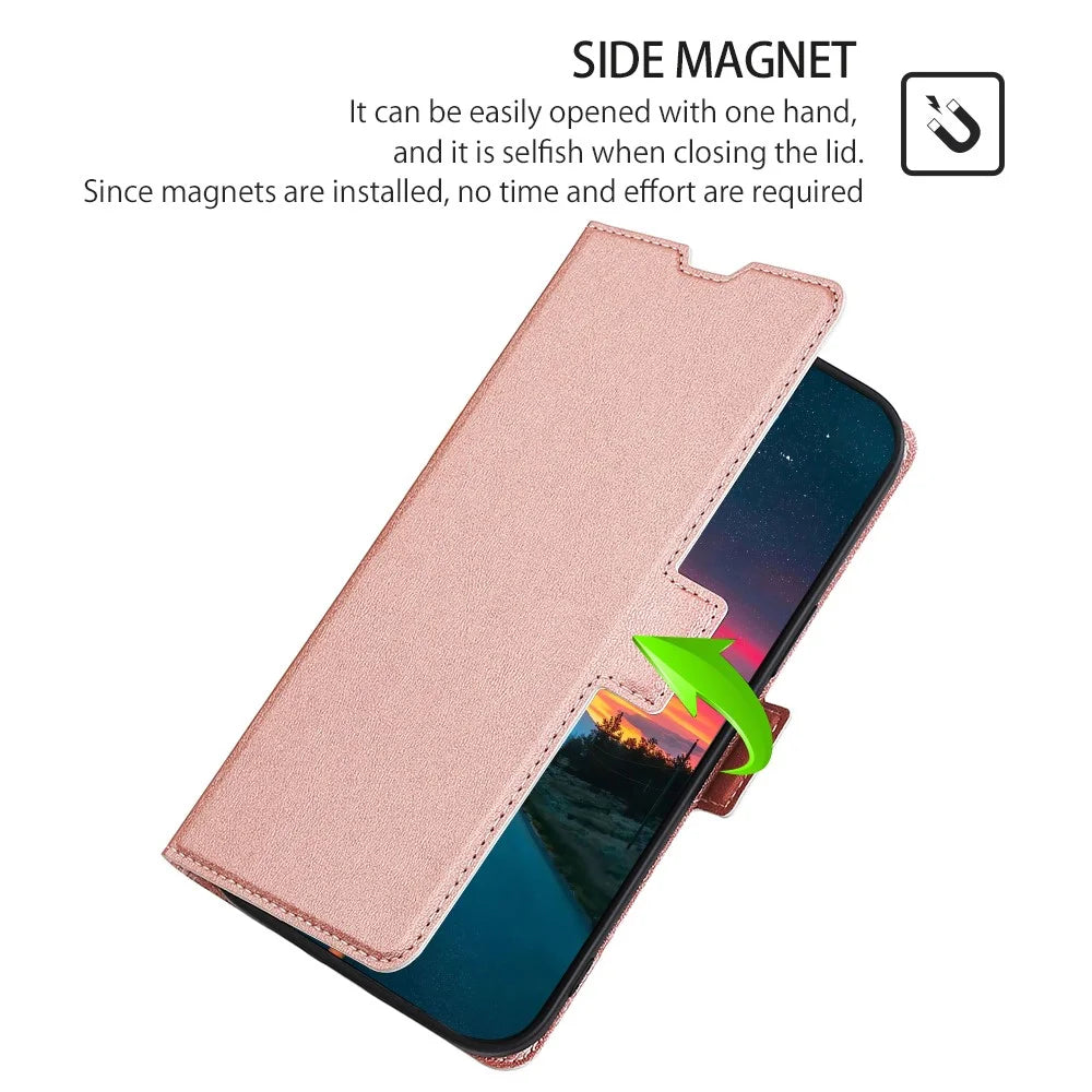 360 Degree Protection Side Magnetic Closure Ultra-thin Leather Phone Card Slot Stand Cover Case for Samsung Galaxy S22 5G - Rose Gold - 6