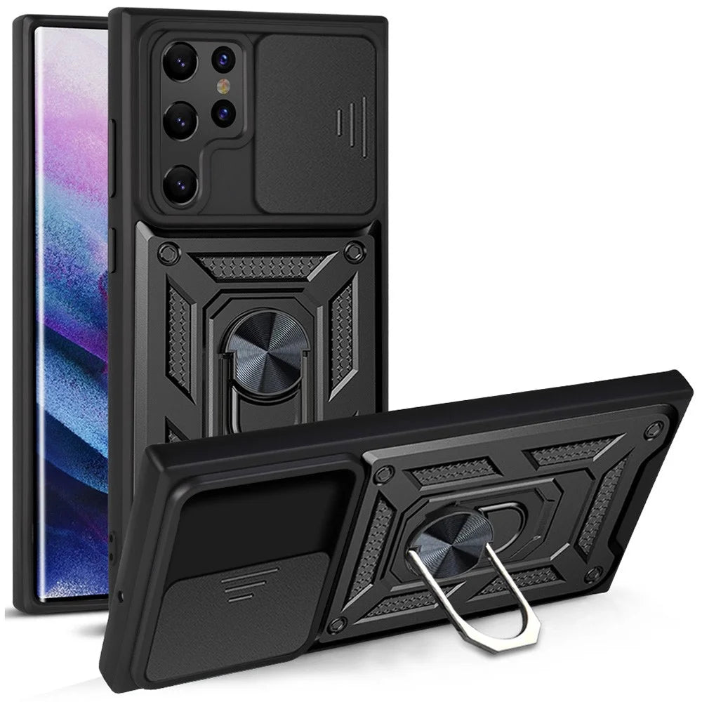 Ring Kickstand Hybrid Hard PC Soft TPU Shockproof Protective Case with Slide Camera Protector for Samsung Galaxy S22 Ultra 5G - Black - 1