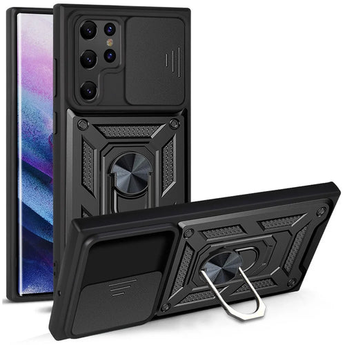 Ring Kickstand Hybrid Hard PC Soft TPU Shockproof Protective Case with Slide Camera Protector for Samsung Galaxy S22 Ultra 5G - Black - 1