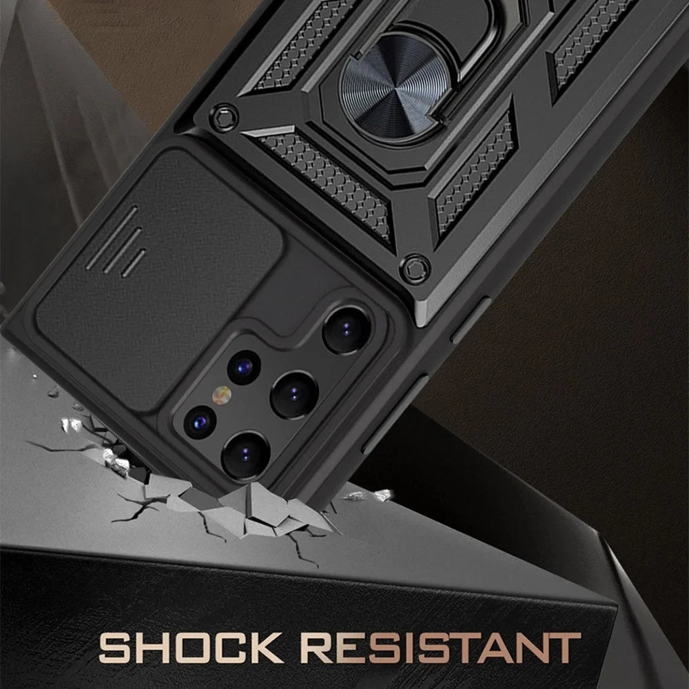 Ring Kickstand Hybrid Hard PC Soft TPU Shockproof Protective Case with Slide Camera Protector for Samsung Galaxy S22 Ultra 5G - Black - 3