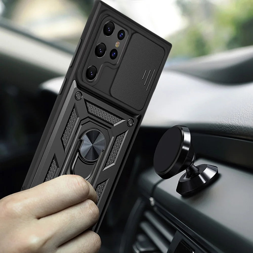 Ring Kickstand Hybrid Hard PC Soft TPU Shockproof Protective Case with Slide Camera Protector for Samsung Galaxy S22 Ultra 5G - Black - 4