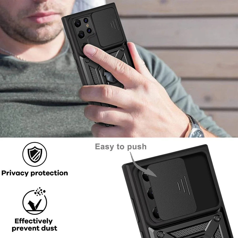 Ring Kickstand Hybrid Hard PC Soft TPU Shockproof Protective Case with Slide Camera Protector for Samsung Galaxy S22 Ultra 5G - Black - 5