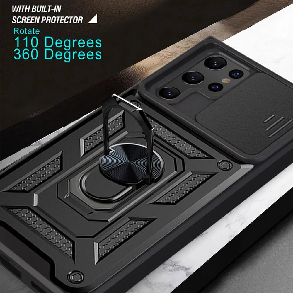 Ring Kickstand Hybrid Hard PC Soft TPU Shockproof Protective Case with Slide Camera Protector for Samsung Galaxy S22 Ultra 5G - Black - 7