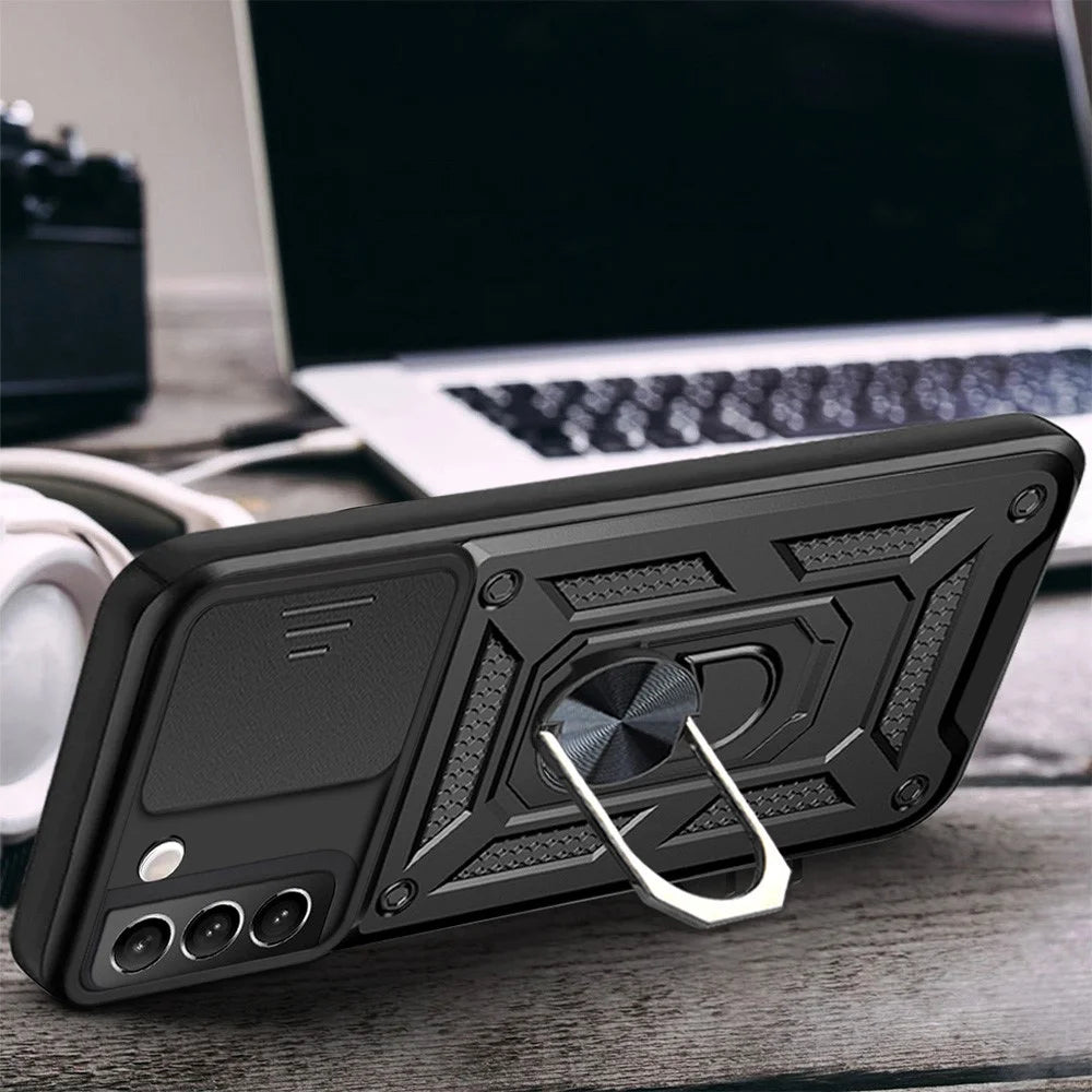 Heavy Duty PC + TPU Protective Phone Case with Slide Camera Protector and Ring Kickstand for Samsung Galaxy S22 5G - Black - 2