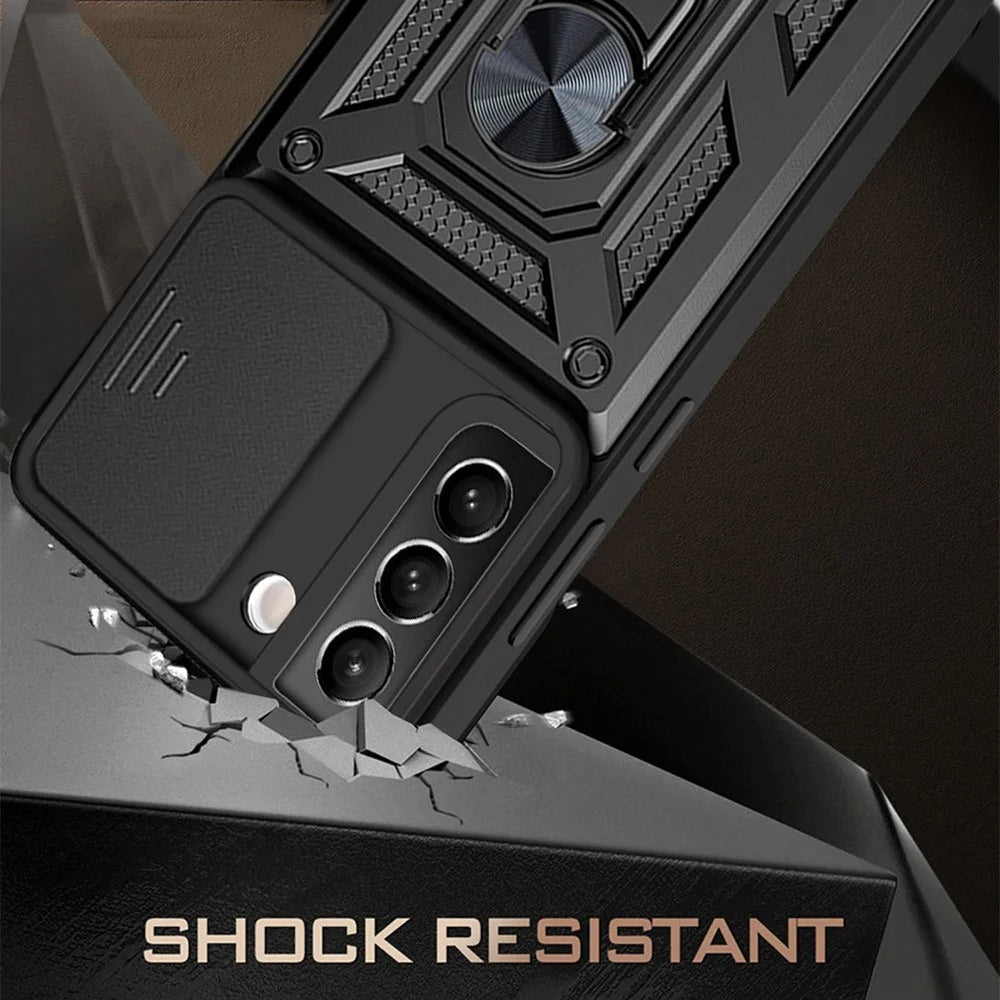 Heavy Duty PC + TPU Protective Phone Case with Slide Camera Protector and Ring Kickstand for Samsung Galaxy S22 5G - Black - 3