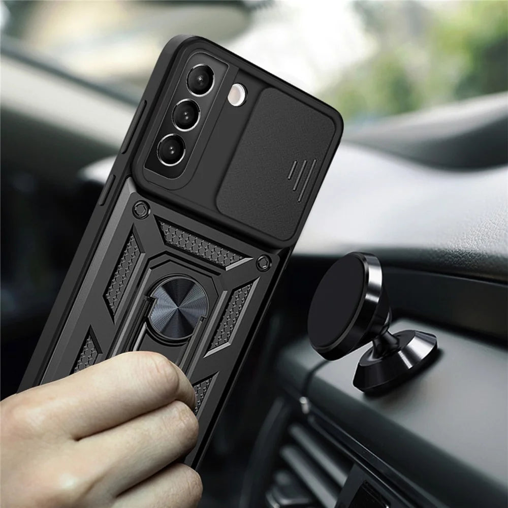 Heavy Duty PC + TPU Protective Phone Case with Slide Camera Protector and Ring Kickstand for Samsung Galaxy S22 5G - Black - 4