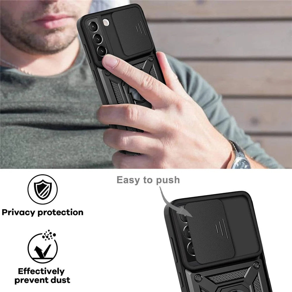 Heavy Duty PC + TPU Protective Phone Case with Slide Camera Protector and Ring Kickstand for Samsung Galaxy S22 5G - Black - 5