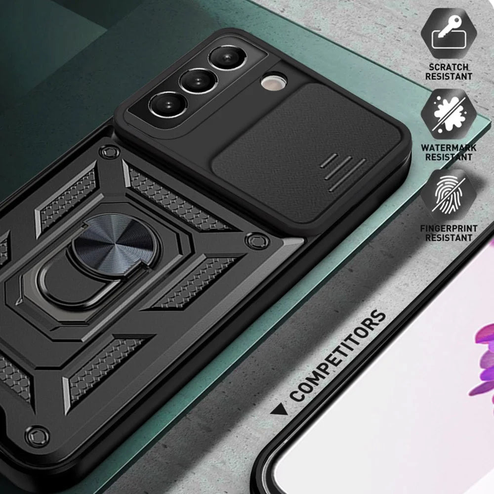Heavy Duty PC + TPU Protective Phone Case with Slide Camera Protector and Ring Kickstand for Samsung Galaxy S22 5G - Black - 6