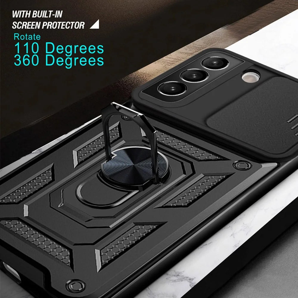 Heavy Duty PC + TPU Protective Phone Case with Slide Camera Protector and Ring Kickstand for Samsung Galaxy S22 5G - Black - 7