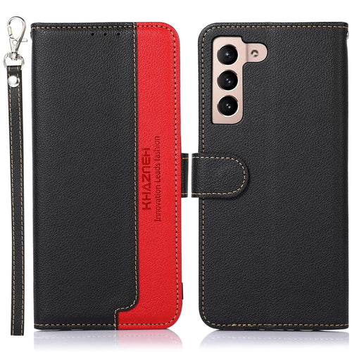 KHAZNEH RFID Blocking Anti-theft Swiping Fully-Wrapped Protection Litchi Texture Leather Wallet Phone Case with Handy Strap for Samsung Galaxy S22 5G - Black - 1