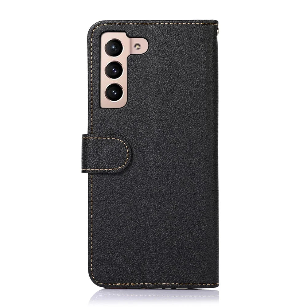 KHAZNEH RFID Blocking Anti-theft Swiping Fully-Wrapped Protection Litchi Texture Leather Wallet Phone Case with Handy Strap for Samsung Galaxy S22 5G - Black - 3