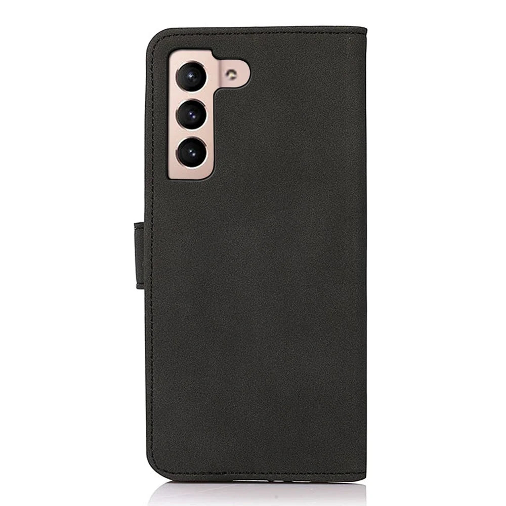 KHAZNEH Wallet Design Book-Style Flip Delicate Textured Leather Phone Cover Stand Case for Samsung Galaxy S22 5G - Black - 3