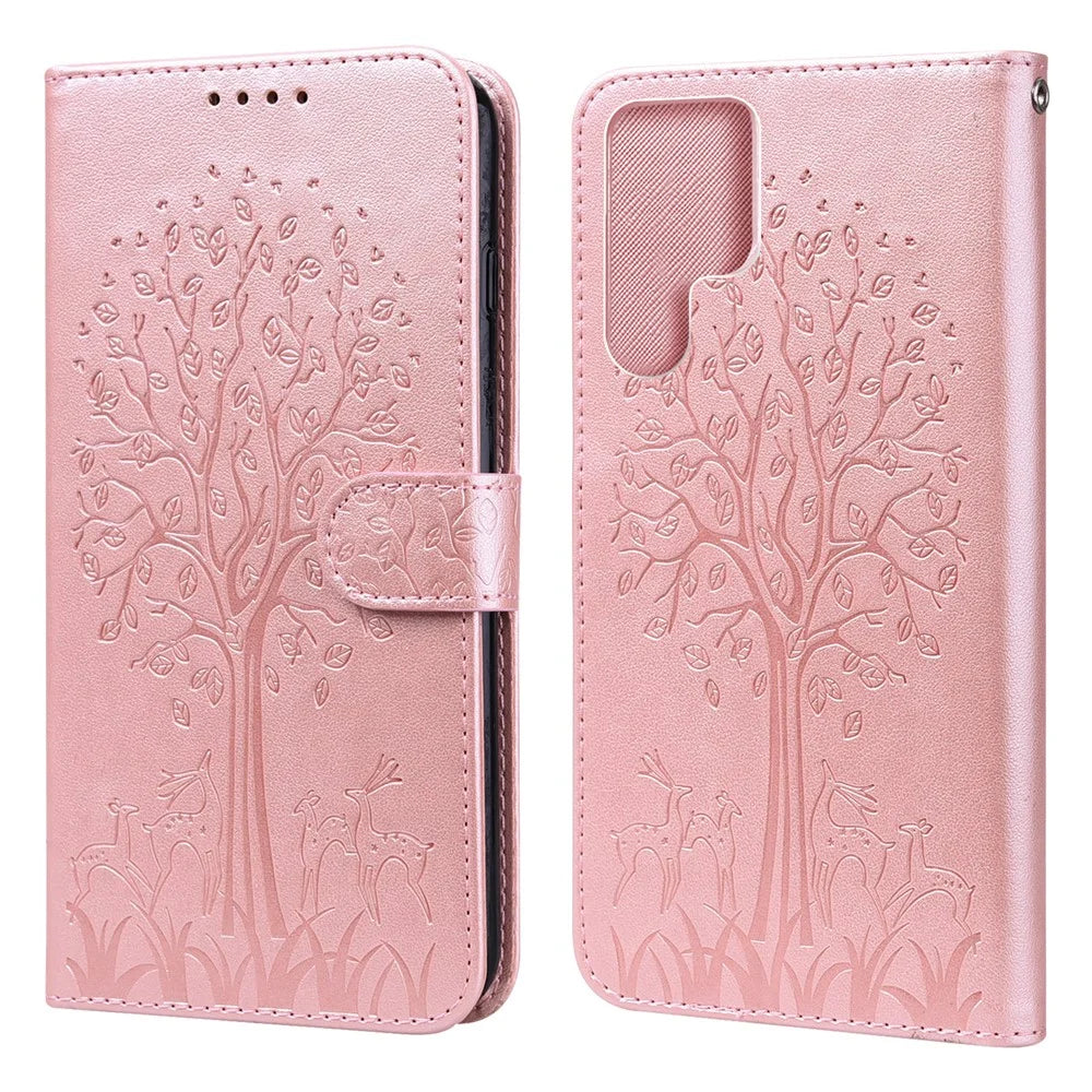 Stand Function Deer and Tree Imprinted PU Leather Wallet Magnetic Shockproof Case for Samsung Galaxy S22 Ultra 5G - Pink - 1