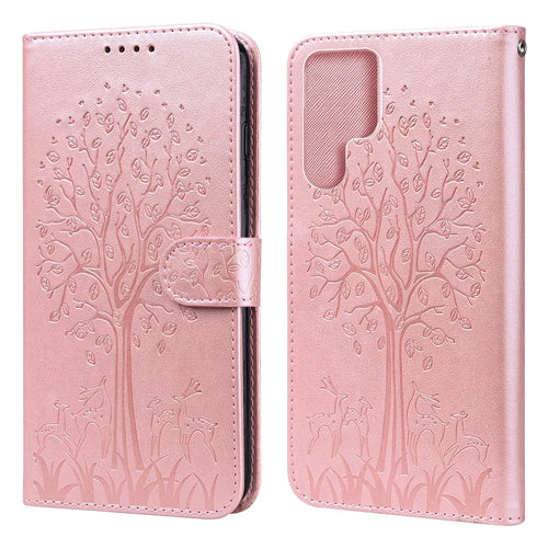 Stand Function Deer and Tree Imprinted PU Leather Wallet Magnetic Shockproof Case for Samsung Galaxy S22 Ultra 5G - Pink - 1