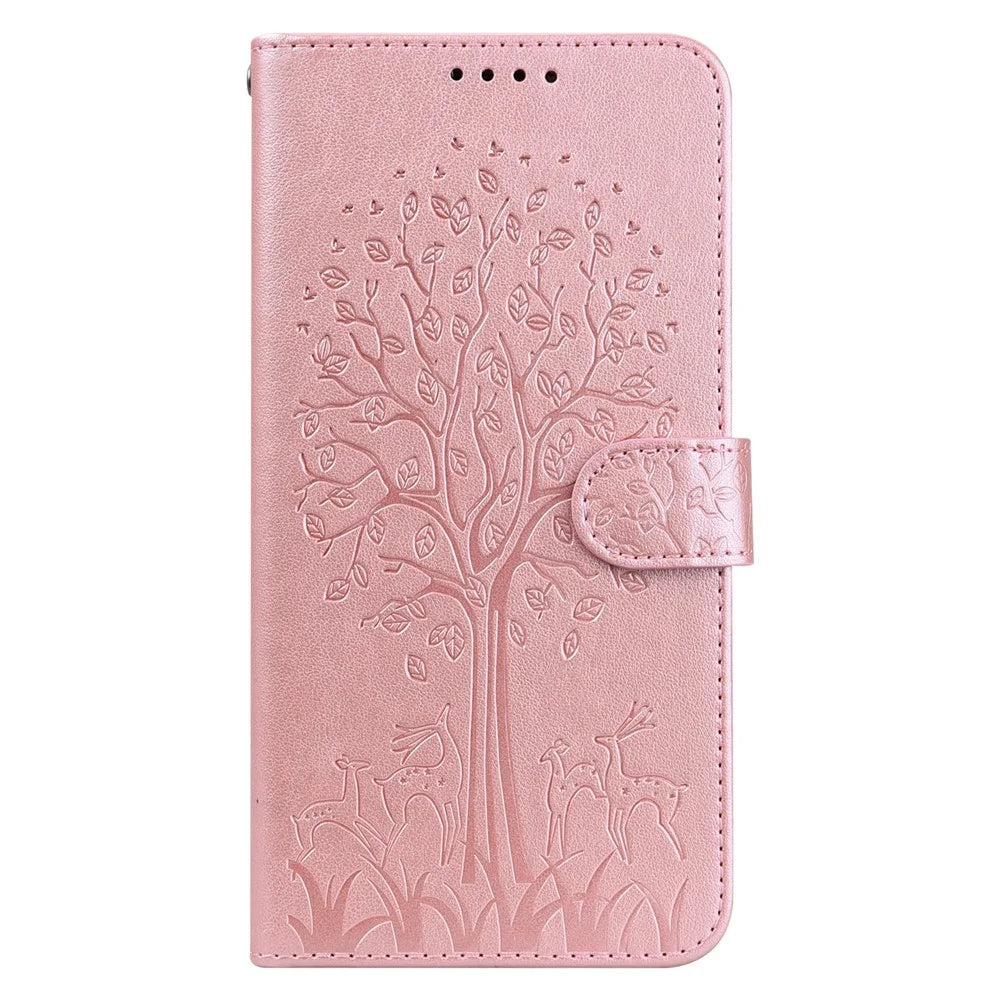 Stand Function Deer and Tree Imprinted PU Leather Wallet Magnetic Shockproof Case for Samsung Galaxy S22 Ultra 5G - Pink - 2