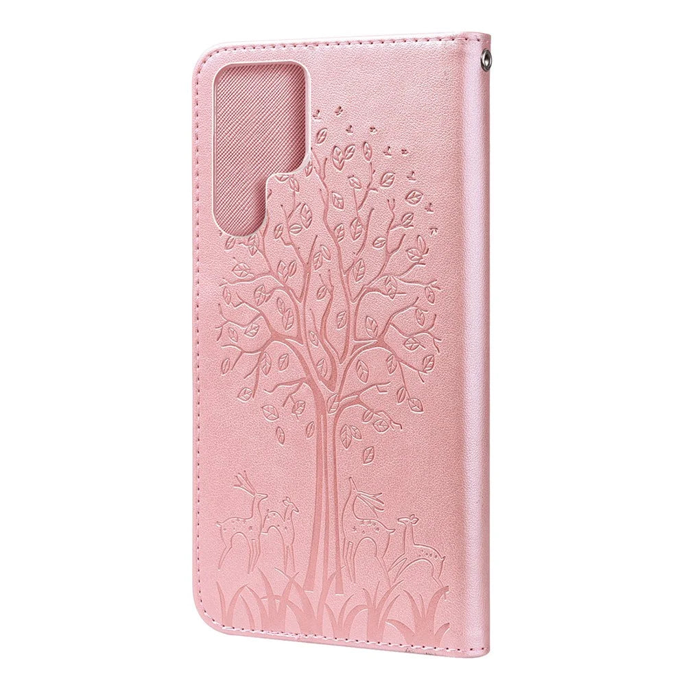 Stand Function Deer and Tree Imprinted PU Leather Wallet Magnetic Shockproof Case for Samsung Galaxy S22 Ultra 5G - Pink - 3