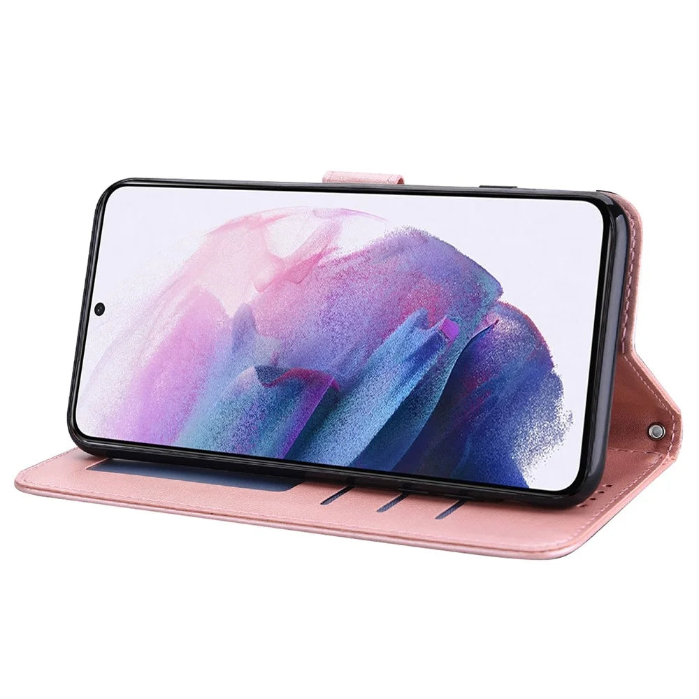 Stand Function Deer and Tree Imprinted PU Leather Wallet Magnetic Shockproof Case for Samsung Galaxy S22 Ultra 5G - Pink - 5