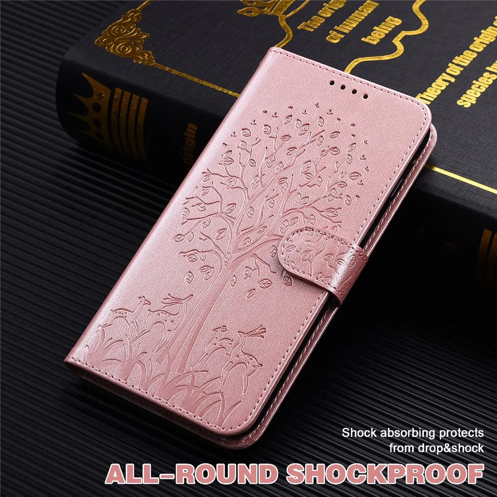 Stand Function Deer and Tree Imprinted PU Leather Wallet Magnetic Shockproof Case for Samsung Galaxy S22 Ultra 5G - Pink - 6