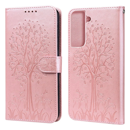 Deer and Tree Imprinting Stand Feature PU Leather Wallet Shockproof Flip Magnetic Case for Samsung Galaxy S22 5G - Pink - 1