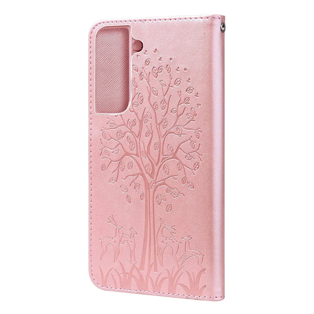 Deer and Tree Imprinting Stand Feature PU Leather Wallet Shockproof Flip Magnetic Case for Samsung Galaxy S22 5G - Pink - 3