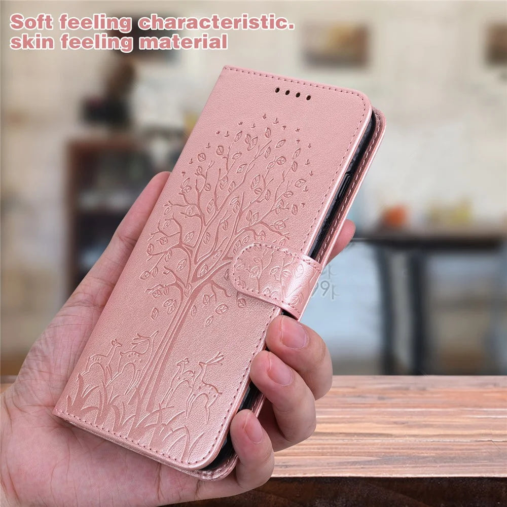 Deer and Tree Imprinting Stand Feature PU Leather Wallet Shockproof Flip Magnetic Case for Samsung Galaxy S22 5G - Pink - 7