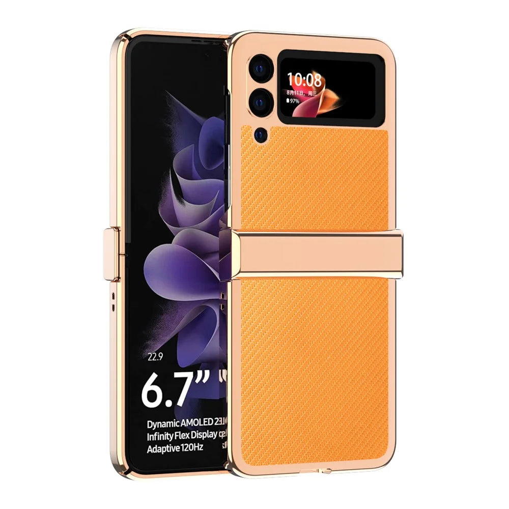 3Pcs/Set Separate Design Carbon Fiber Texture Vacuum Electroplating Frame PU Leather Coated PC Phone Cover Case for Samsung Galaxy Z Flip3 5G - Yellow - 1