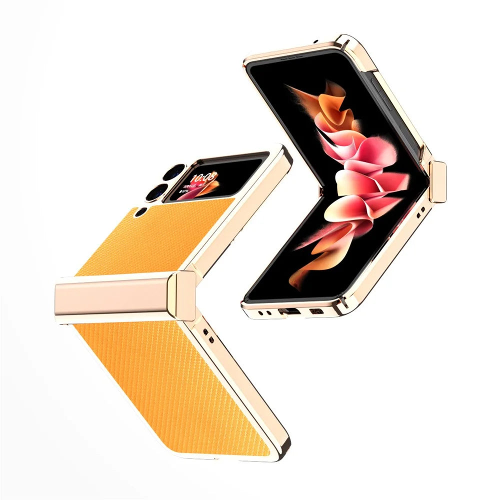 3Pcs/Set Separate Design Carbon Fiber Texture Vacuum Electroplating Frame PU Leather Coated PC Phone Cover Case for Samsung Galaxy Z Flip3 5G - Yellow - 2