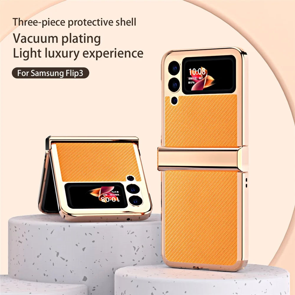 3Pcs/Set Separate Design Carbon Fiber Texture Vacuum Electroplating Frame PU Leather Coated PC Phone Cover Case for Samsung Galaxy Z Flip3 5G - Yellow - 3