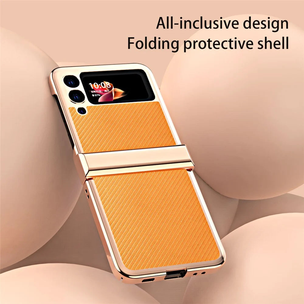 3Pcs/Set Separate Design Carbon Fiber Texture Vacuum Electroplating Frame PU Leather Coated PC Phone Cover Case for Samsung Galaxy Z Flip3 5G - Yellow - 4