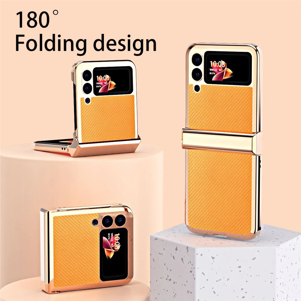 3Pcs/Set Separate Design Carbon Fiber Texture Vacuum Electroplating Frame PU Leather Coated PC Phone Cover Case for Samsung Galaxy Z Flip3 5G - Yellow - 5
