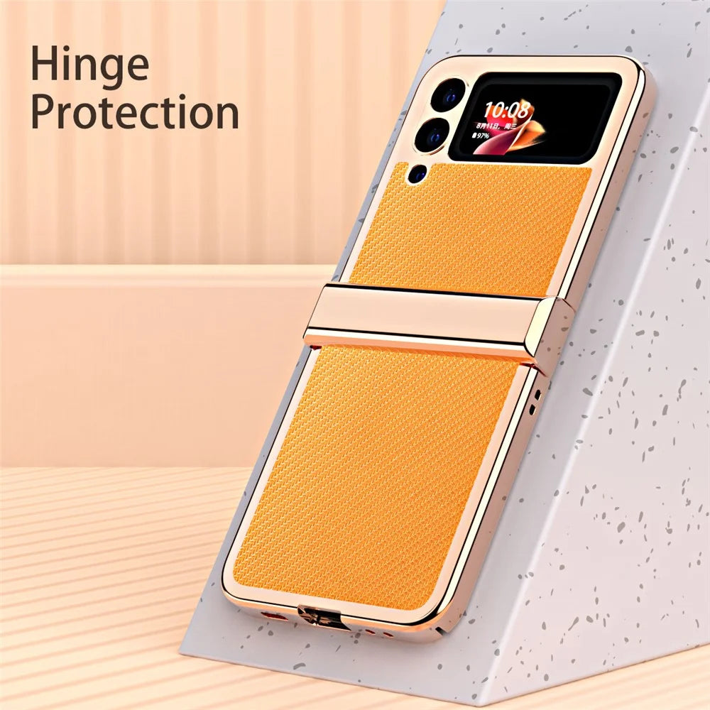 3Pcs/Set Separate Design Carbon Fiber Texture Vacuum Electroplating Frame PU Leather Coated PC Phone Cover Case for Samsung Galaxy Z Flip3 5G - Yellow - 6