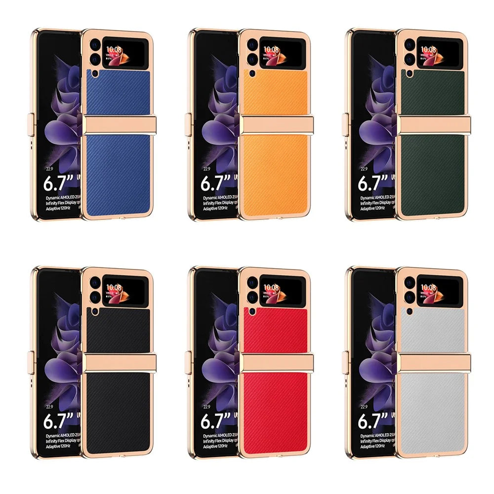 3Pcs/Set Separate Design Carbon Fiber Texture Vacuum Electroplating Frame PU Leather Coated PC Phone Cover Case for Samsung Galaxy Z Flip3 5G - Yellow - 7