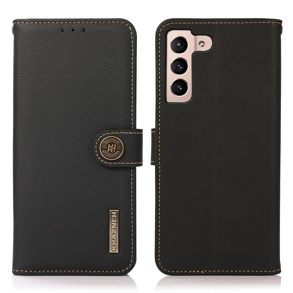 KHAZNEH Genuine Leather Phone Guard Wallet Stand Case with RFID Blocking Anti-theft Swiping Design for Samsung Galaxy S22 5G - Black - 1