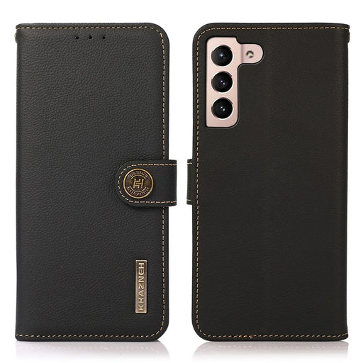 KHAZNEH Genuine Leather Phone Guard Wallet Stand Case with RFID Blocking Anti-theft Swiping Design for Samsung Galaxy S22 5G - Black - 1