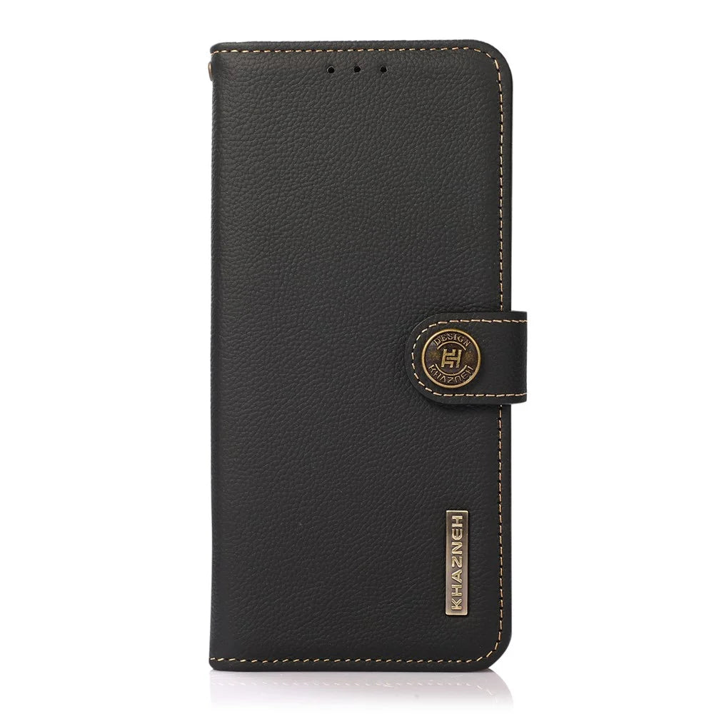 KHAZNEH Genuine Leather Phone Guard Wallet Stand Case with RFID Blocking Anti-theft Swiping Design for Samsung Galaxy S22 5G - Black - 2