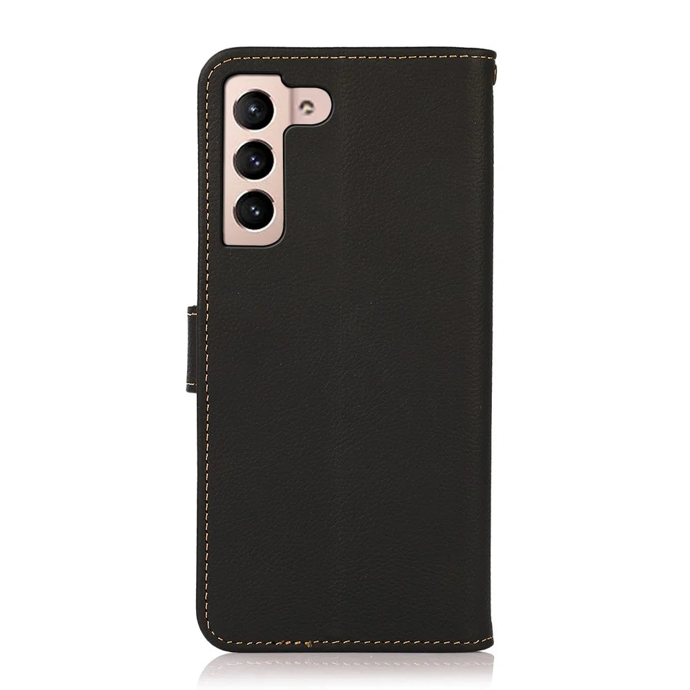 KHAZNEH Genuine Leather Phone Guard Wallet Stand Case with RFID Blocking Anti-theft Swiping Design for Samsung Galaxy S22 5G - Black - 3