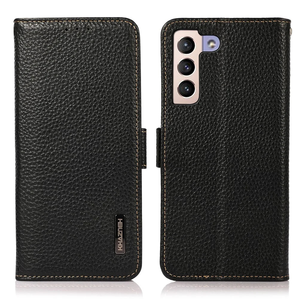 KHAZNEH RFID Blocking Anti-theft Swiping Litchi Texture Wallet Stand Shell Anti-drop Genuine Leather Phone Case for Samsung Galaxy S22+ 5G - Black - 1