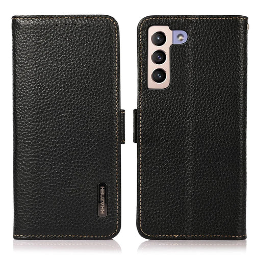 KHAZNEH RFID Blocking Anti-theft Swiping Litchi Texture Wallet Stand Shell Anti-drop Genuine Leather Phone Case for Samsung Galaxy S22+ 5G - Black - 1