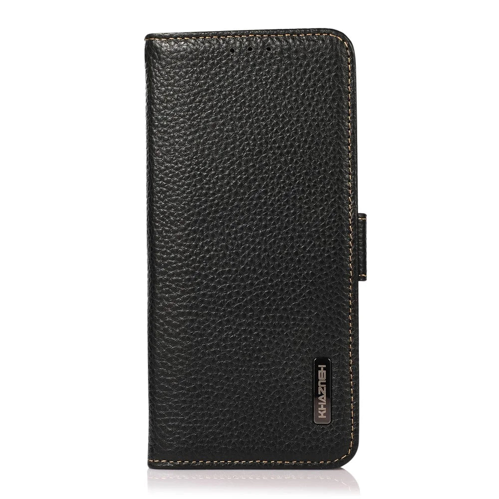 KHAZNEH RFID Blocking Anti-theft Swiping Litchi Texture Wallet Stand Shell Anti-drop Genuine Leather Phone Case for Samsung Galaxy S22+ 5G - Black - 2