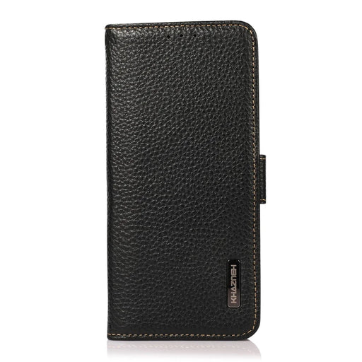 KHAZNEH RFID Blocking Anti-theft Swiping Litchi Texture Wallet Stand Shell Anti-drop Genuine Leather Phone Case for Samsung Galaxy S22+ 5G - Black - 2