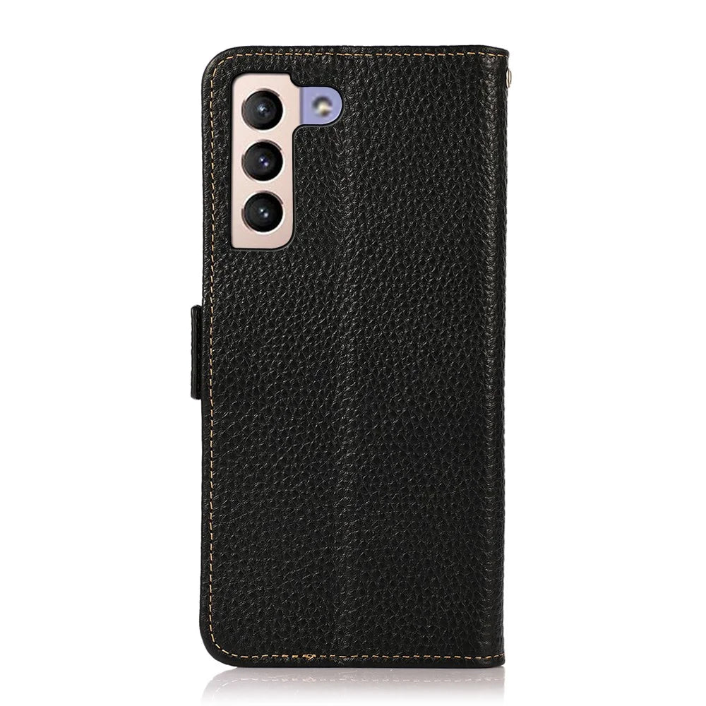 KHAZNEH RFID Blocking Anti-theft Swiping Litchi Texture Wallet Stand Shell Anti-drop Genuine Leather Phone Case for Samsung Galaxy S22+ 5G - Black - 3