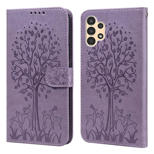 Deer and Tree Imprinting PU Leather Wallet Case Stand Flip Magnetic Cover for Samsung Galaxy A13 5G / A04s 4G (164.7mm) - Purple - 1