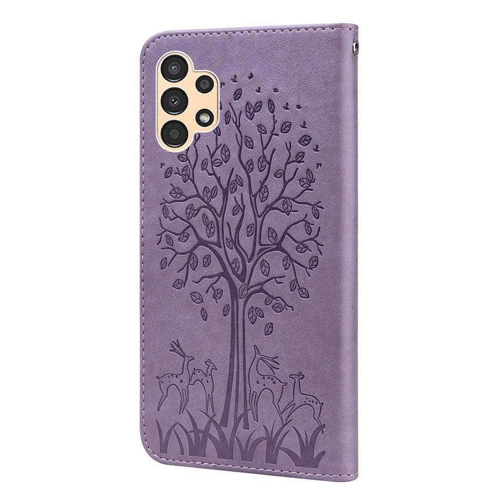 Deer and Tree Imprinting PU Leather Wallet Case Stand Flip Magnetic Cover for Samsung Galaxy A13 5G / A04s 4G (164.7mm) - Purple - 3