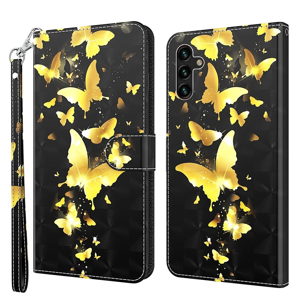 Folio Flip Wallet Case 3D Creative Pattern Printing PU Leather Cover with Strap for Samsung Galaxy A13 5G / A04s 4G (164.7mm) - Golden Butterflies - 1