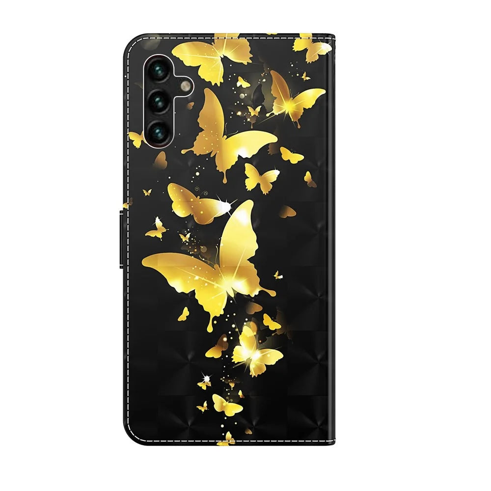 Folio Flip Wallet Case 3D Creative Pattern Printing PU Leather Cover with Strap for Samsung Galaxy A13 5G / A04s 4G (164.7mm) - Golden Butterflies - 3